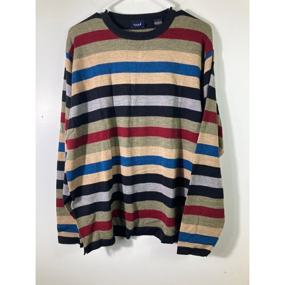 Mens Como Sport Merino Wool Sweater Pullover Stripes‎ Tan Green Black Red L